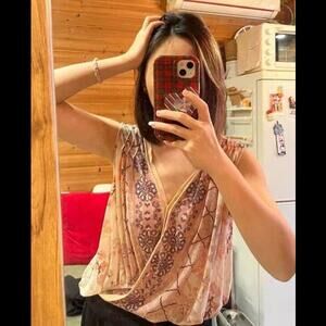 Free People Pink Eyelet Lace Cut-Out Blouse Back Buttons size XS